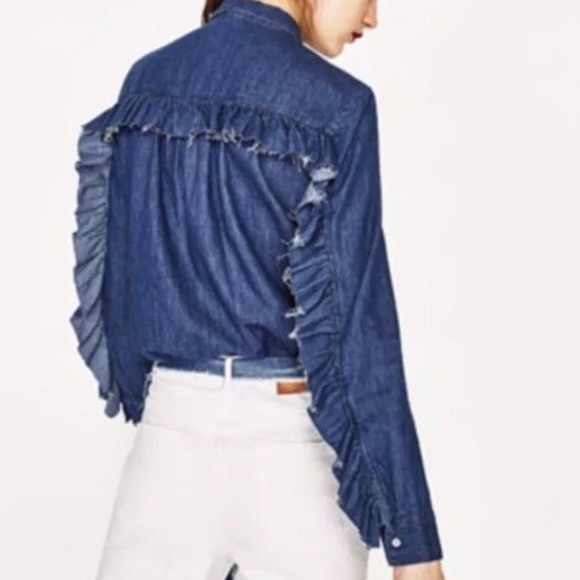 Zara Tops - Zara Trafaluc Ruffle Denim Button Down Blouse L